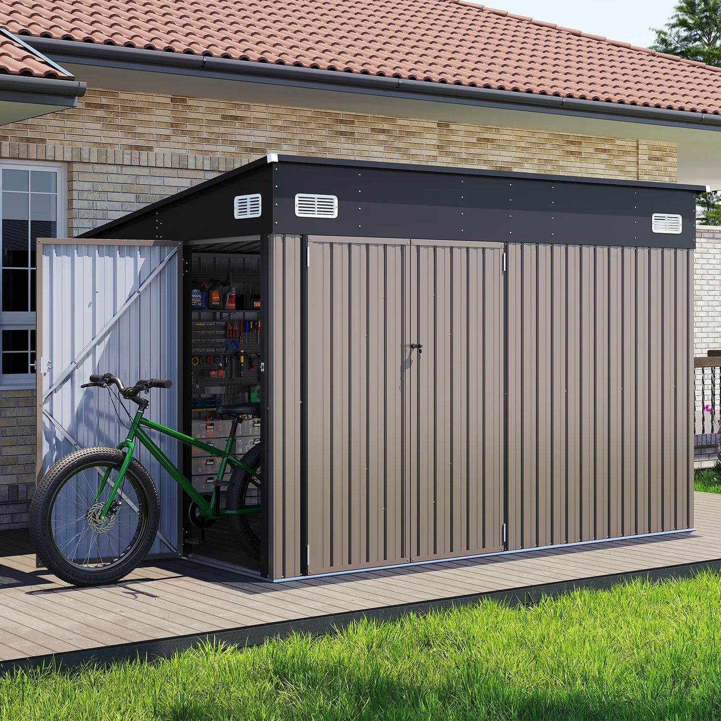 Clouddwell 10ft x 8ft Heavy-Duty Metal Storage Shed with 3 Doors, Lockable Lean-To Design, Weatherproof for Garden & Tools (Brown)