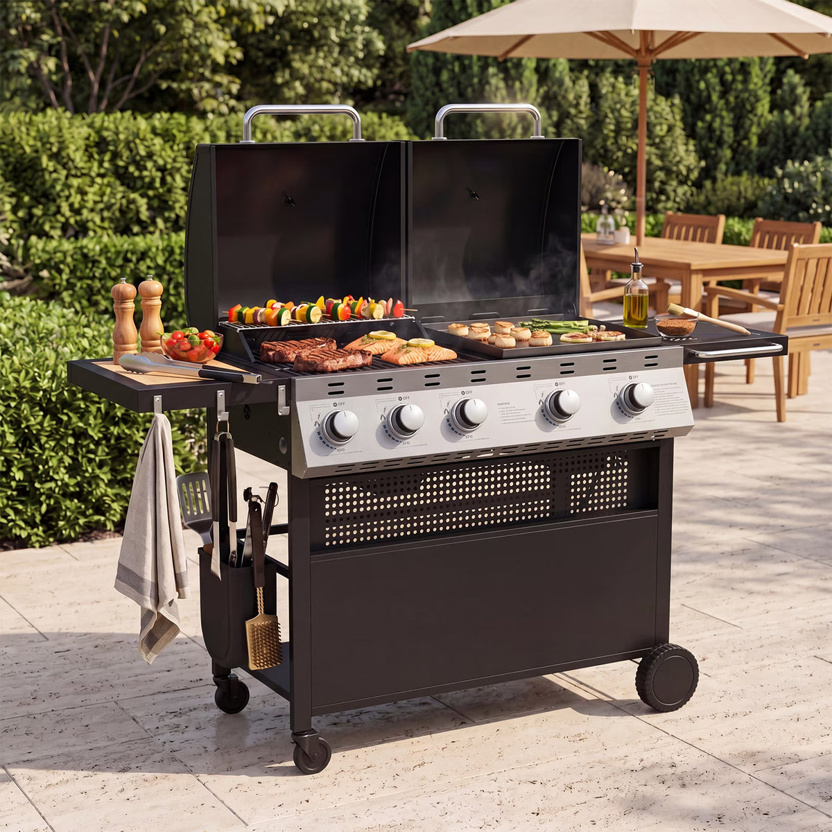 Dateyes 5 Burner Gas Propane Grill and Griddle Combo BBQ Grill, 54000 BTU 2-in-1 Outdoor BBQ with Stainless Steel Lids, 4 Casters, Side Table, and Thermometer