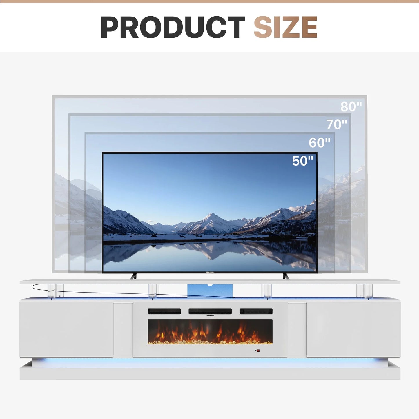 Sonegra Modern Fireplace TV Stand for TVs Up to 90" with Music Sync LED, 80" Entertainment Center with Electric Fireplace, TV Console with Storage Cabinets for Living Room, White