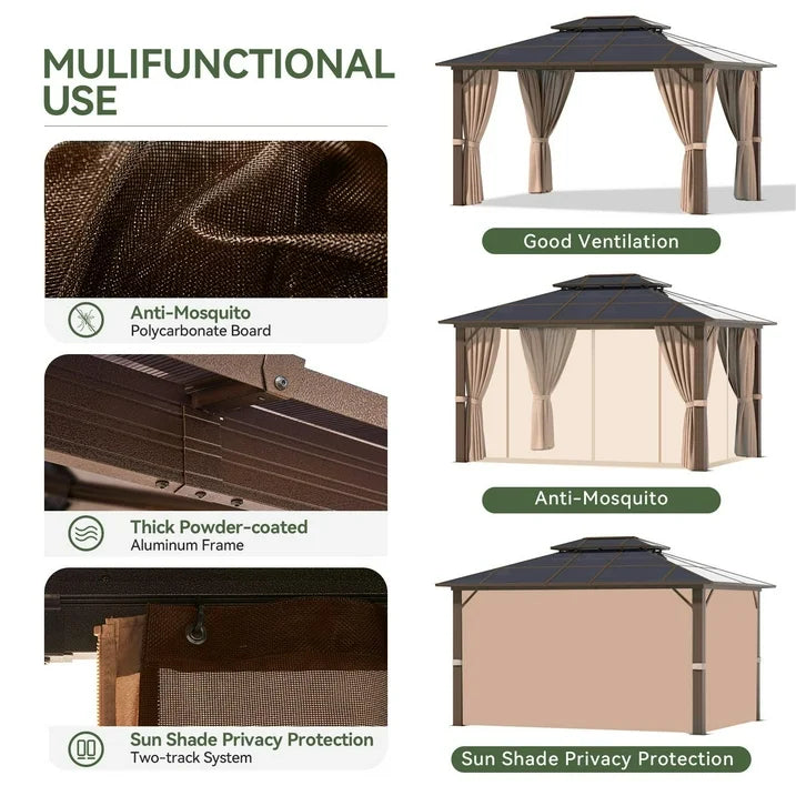 Aoxun 10 ft. x 12 ft. Hardtop Gazebo, Double Polycarbonate Roof Aluminum Frame Gazebo W/Curtain and Netting, Brown