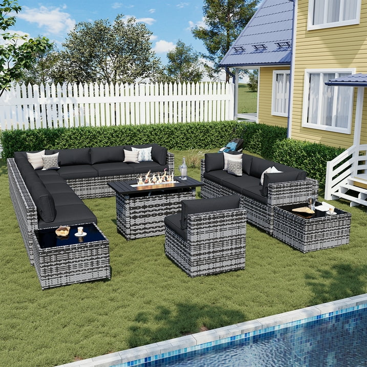 Sunmthink Patio Furniture Sets, 15-Piece Outdoor Patio Furniture with 44'' Propane Gas Firepit Table, Wicker Outdoor Conversation Set and Waterproof Cover for Backyard, Poolside, Garden