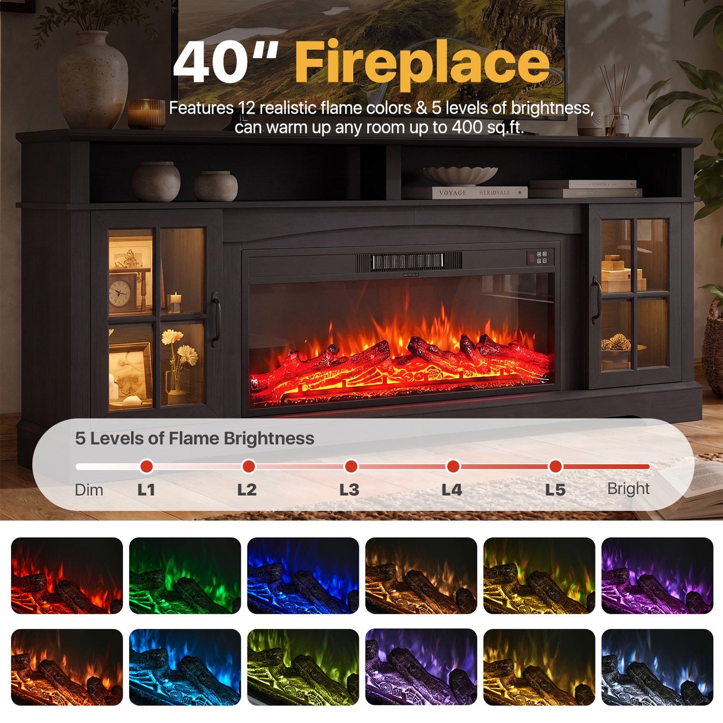 Sonegra Fireplace TV Stand with Glass Door for TVs up to 90", 80" Entertainment Center with Fireplace, Media Console for Living Room, Black
