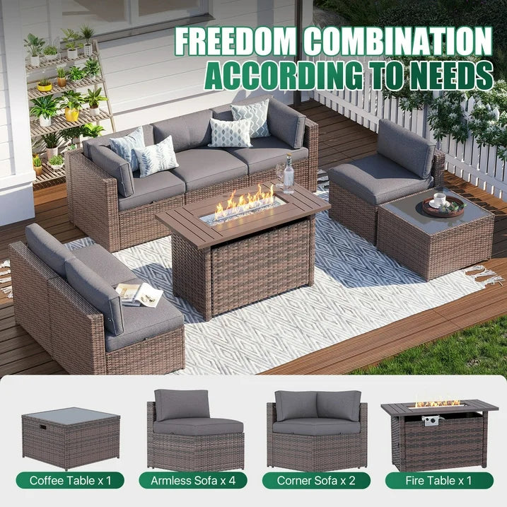 Clouddwell 8 Piece Patio Furniture Set with 44” Fire Pit Table Wicker Rattan Patio Conversation Set Outdoor Sectional Sofa Set with Coffee Table and Gray Cushions(Waterproof Cover Included)