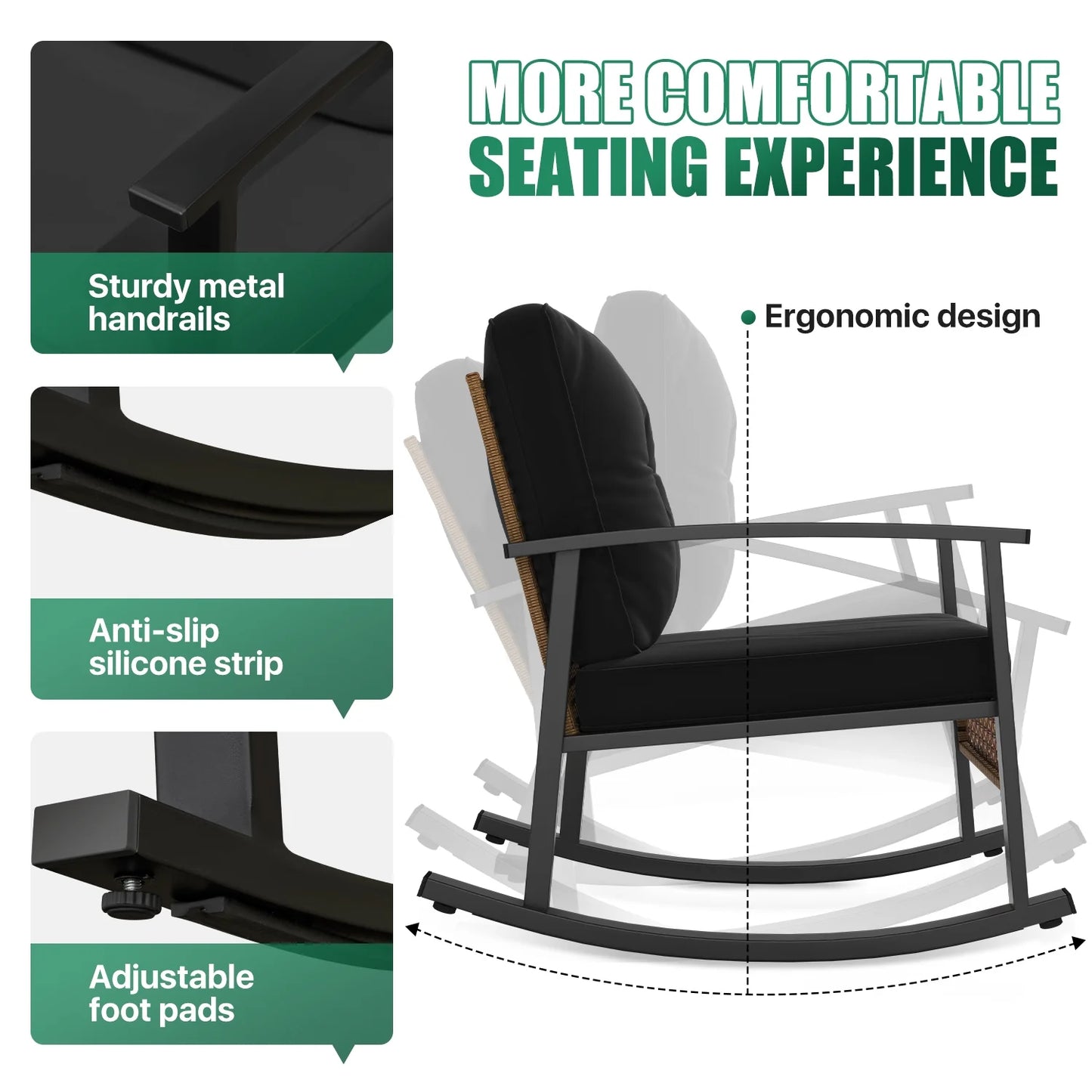 Clouddwell 3-Piece Patio Furniture Set,Steel Rocking Chair with Comfortable Cushions and Coffee Table.for Garden,Yard Black