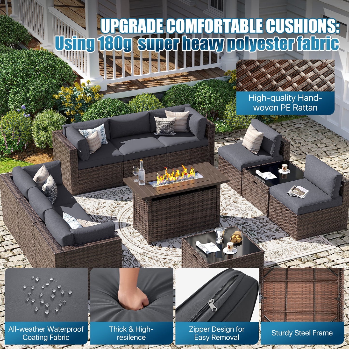Sunmthink Patio Furniture Sets, 11-Piece Outdoor Patio Furniture with 44'' Propane Gas Firepit Table, Wicker Outdoor Conversation Set and Waterproof Cover for Backyard, Poolside, Garden