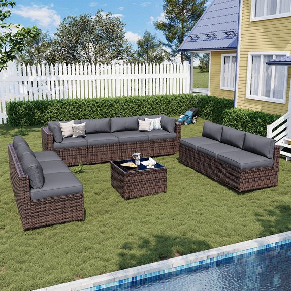 Sunmthink Patio Furniture Sets, 11-Piece Outdoor Patio Furniture with Thick Cushions, Wicker Outdoor Conversation Set and Waterproof Cover for Backyard, Poolside, Garden