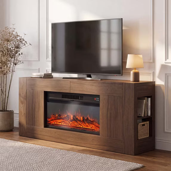 Sonergra Farmhouse Fireplace TV Stand for TVs up to 80 Inch Rustic Wood,70 Inch Electric Fireplace Entertainment Center with Drawers Cabinets and Open Storage Shelves for Living Room,Brwon