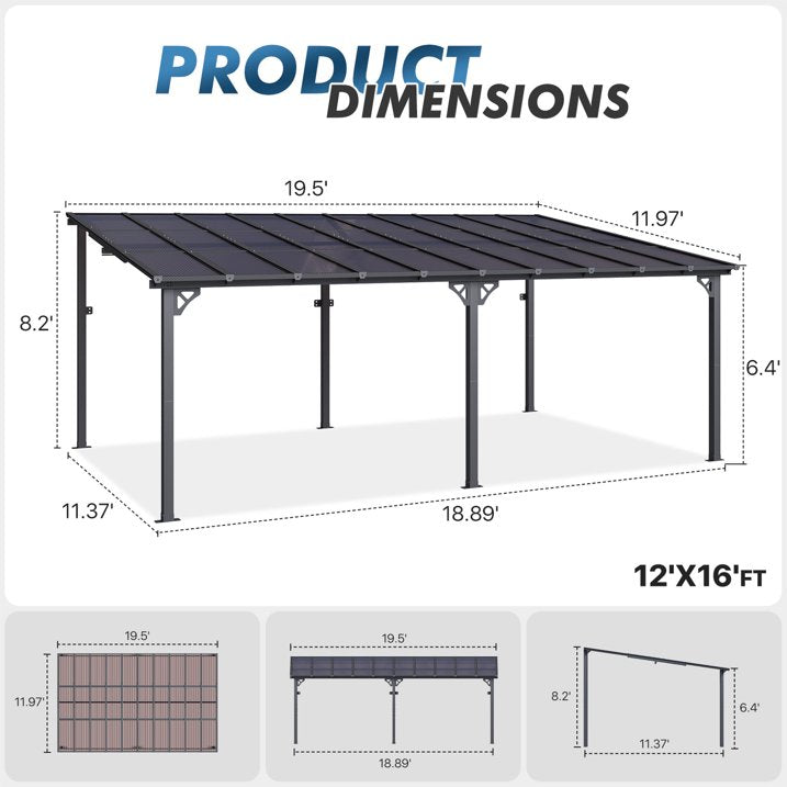 Sumnthink 12'x20' Gazebo for Patio, Gazebo Pergola with Sloped Roof, Large Wall-Mounted Heavy Duty Awnings, for Patio, Deck and Backyard