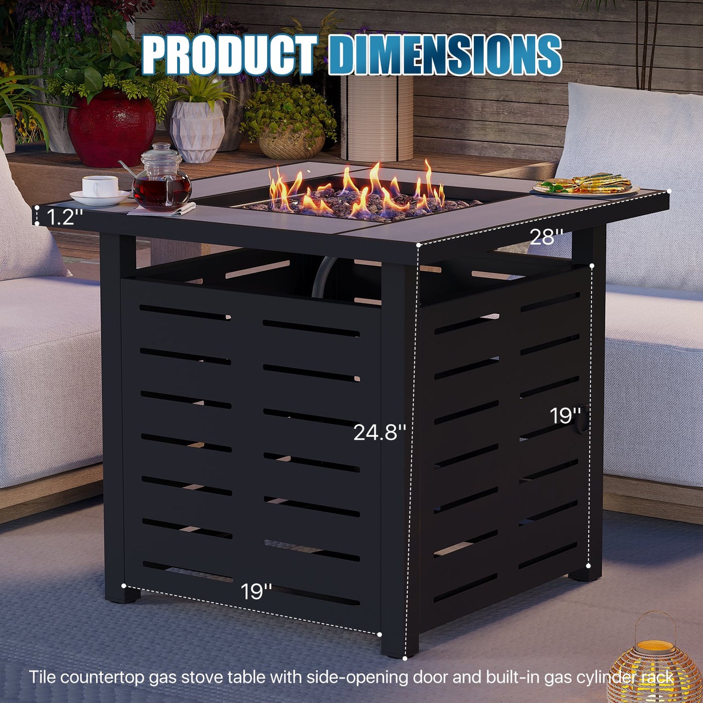 Sunmthink 28 Inch 50,000 BTU Fire Pit Table - Ceramic Tabletop with Lava Rocks & Lid