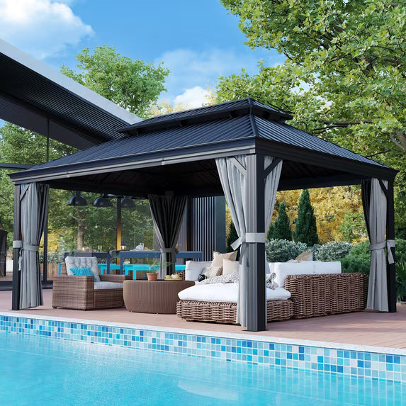 BaPiPro 16' x 12' Hardtop Gazebo, Aluminum Frame with Curtains and Netting