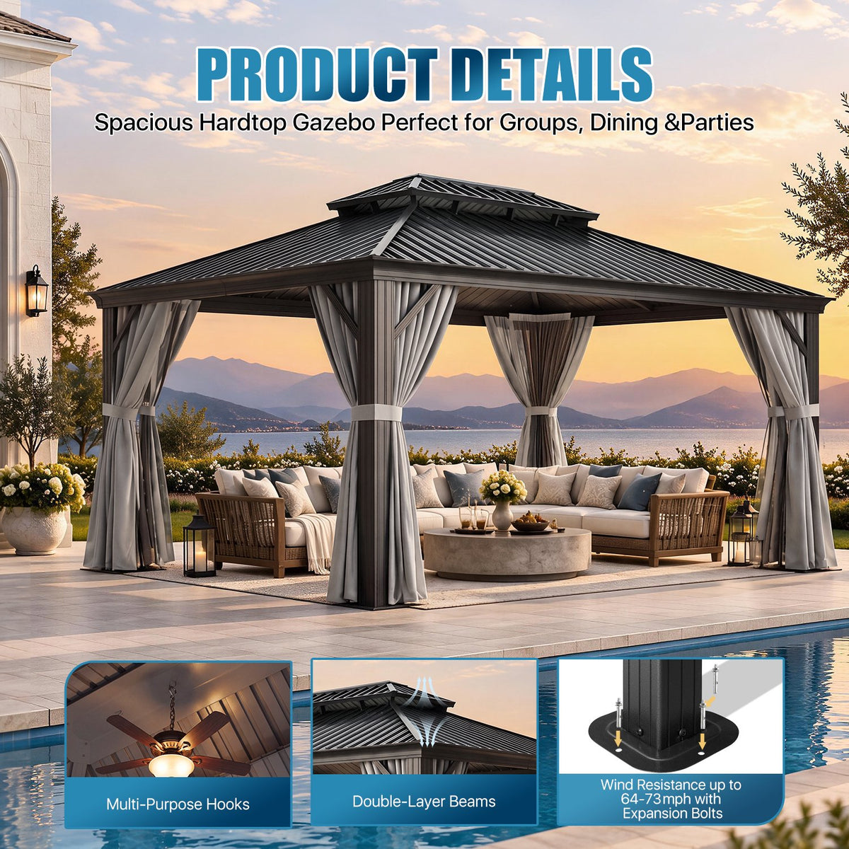 Sunmthink 12' x 16' Outdoor Hardtop Gazebo, Galvanized Steel Double Roof Gazebo with Curtain and Netting