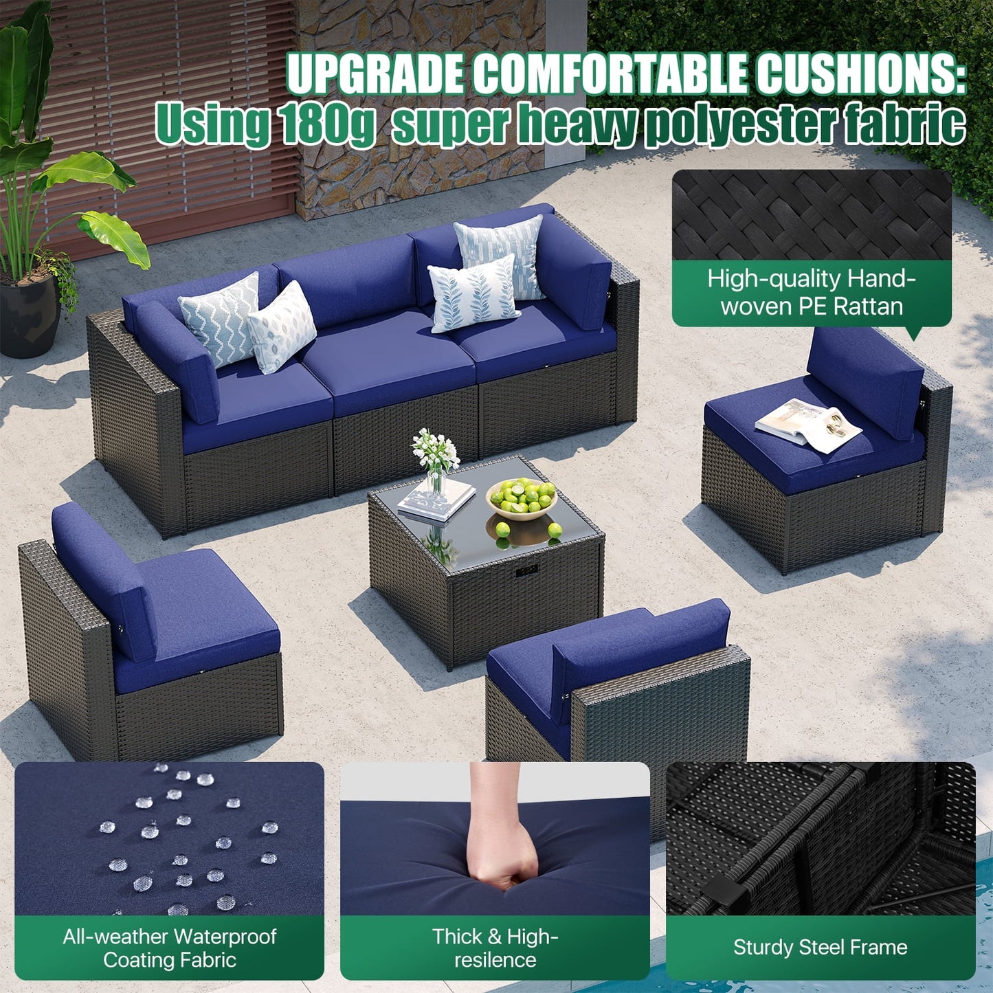 Clouddwell 7-Piece Patio Furniture Set on Sale, Black Rattan Wicker Outdoor Sectional Sofa Couch with Table Patio Conversation Set for Lawn& Backyard,Blue