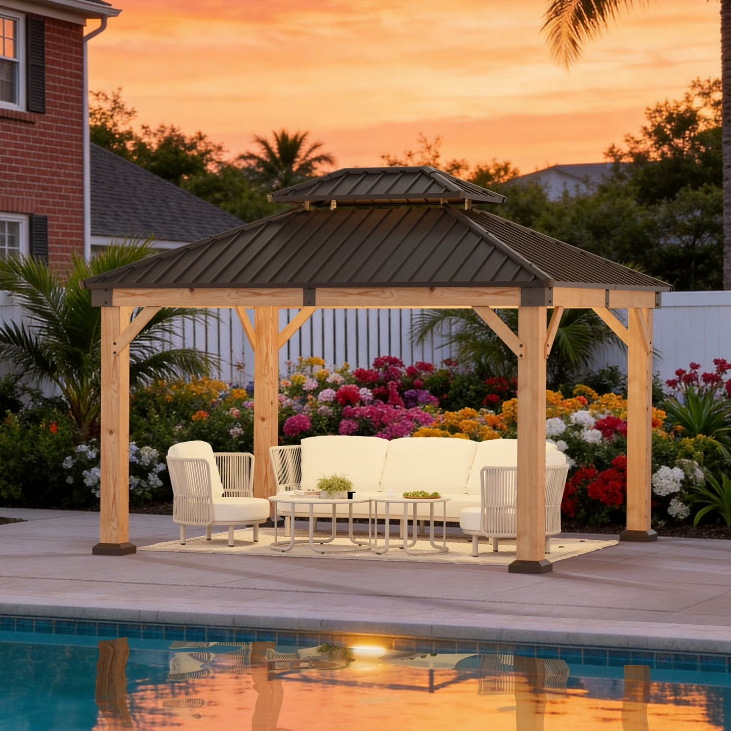 Sunmthink 10'x12' Outdoor Hardtop Gazebo, Cedar Wood Pavilion with Galvanized Steel Double Roof, for Patio, Garden, Deck