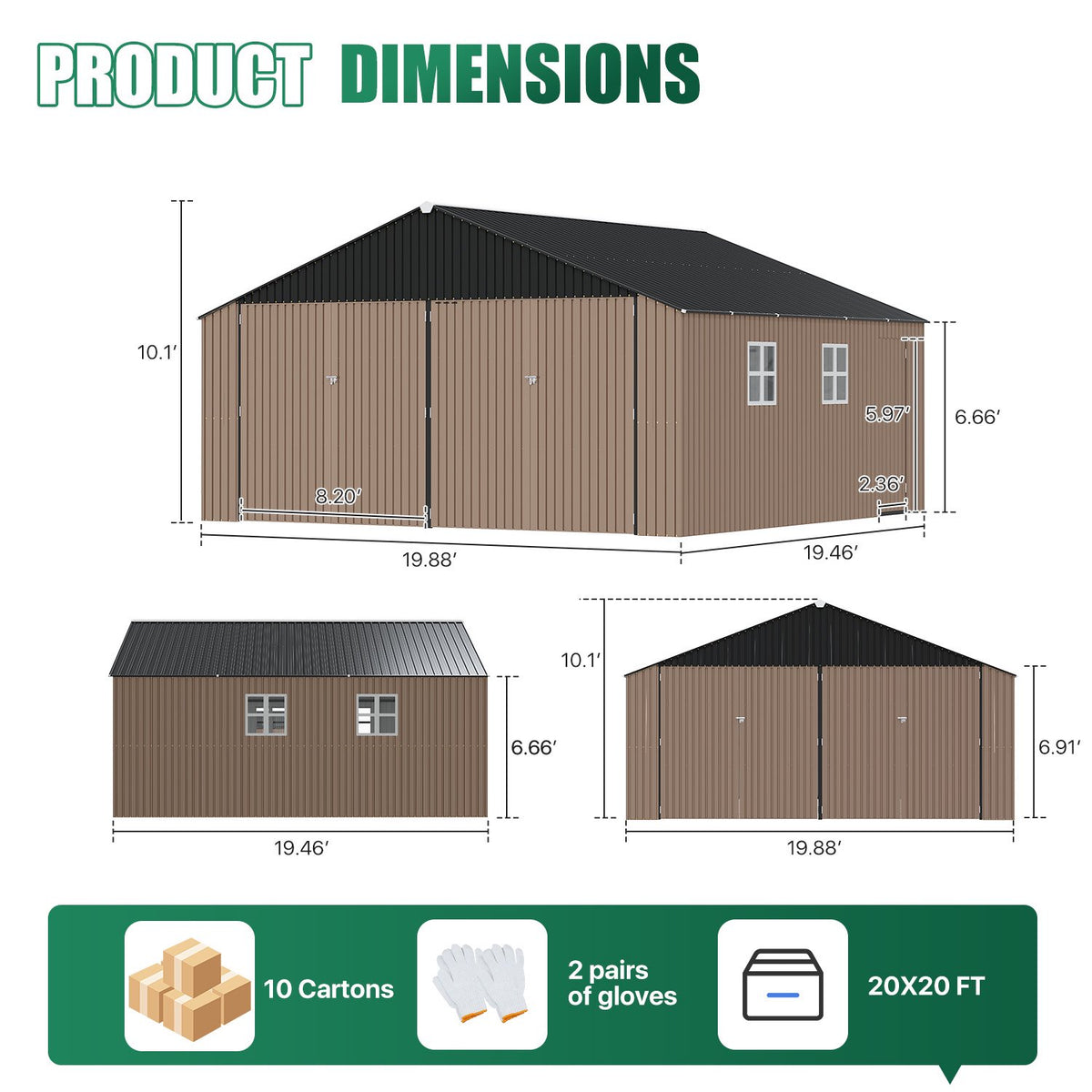 LazySunsets 20 x 20 FT Outdoor Storage Shed, Large Metal Garage Carport Shed, Heavy Duty Car Port with Double Front Doors & Side Door, Brown