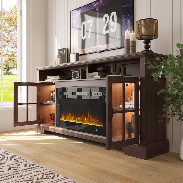 Sonegra Fireplace TV Stand with Glass Door for TVs up to 80", 70" Entertainment Center with Fireplace, Media Console for Living Room, Brown