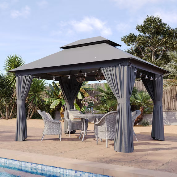 Sunmthink Outdoor Gazebo for Patio 10x12, Metal Frame Canopy with Double Roofs, Heavy Duty Party Tent and Shelter with Mosquito Netting and Privacy Screen for Backyard,Garden,Deck (Gray)
