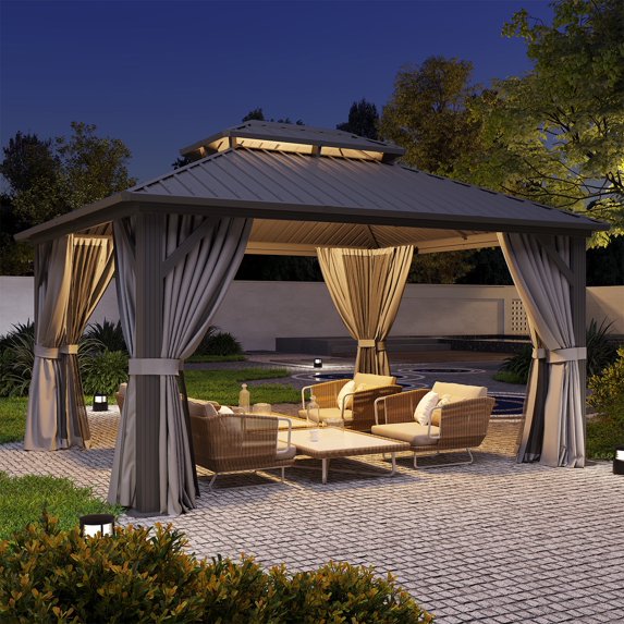 Clouddwell 12' x 14' Gazebo for Patio, Gazebo Pergola with Sloped Roof, Large Wall-Mounted Heavy Duty Awnings, for Deck, Patio and Backyard