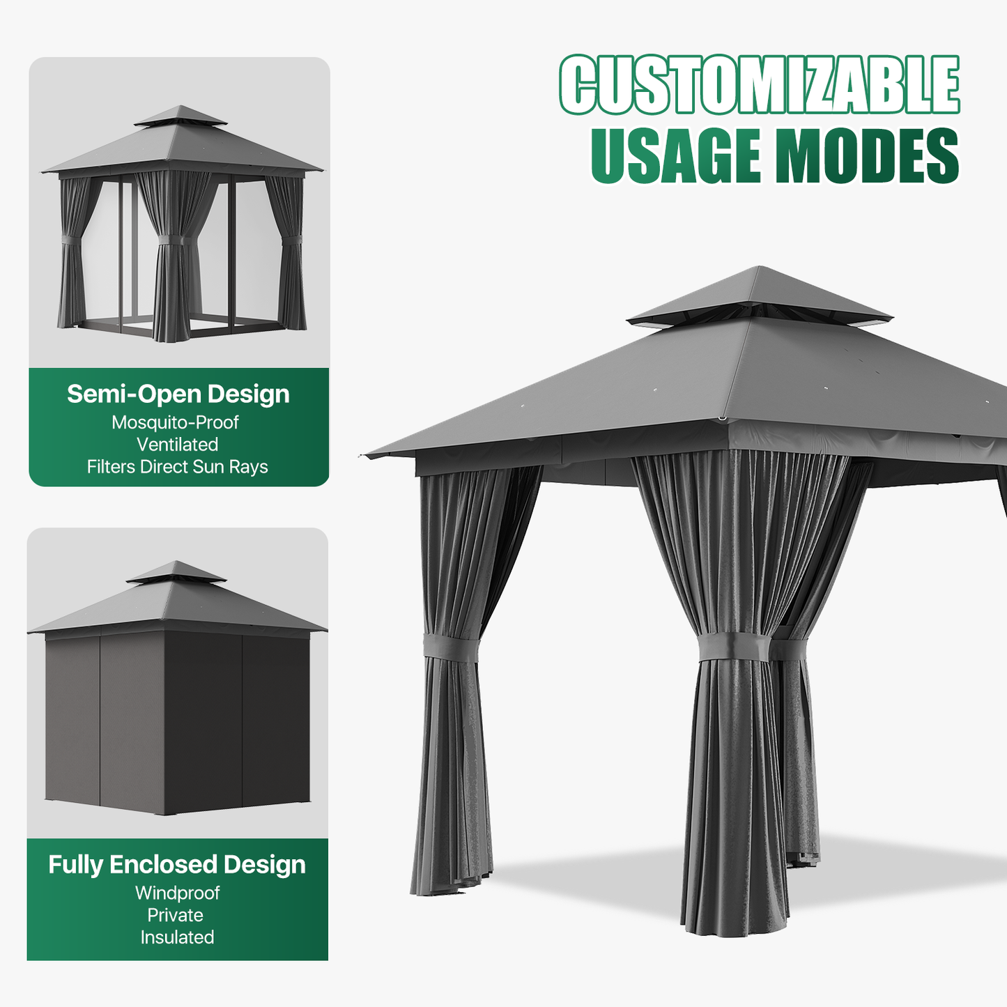 Clouddwell 8'x 8' Patio Gazebo Double Roof Protection All-Weather Outdoor Shelter Features Insect Screens & Privacy Curtains Ideal for Backyard, Lawn, (Gray)