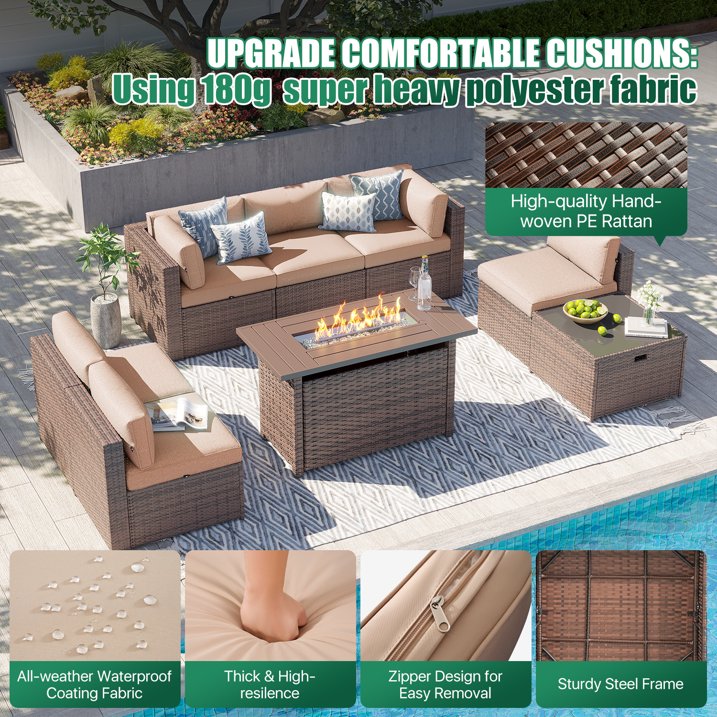Clouddwell 8 Piece Patio Furniture Set with 44” Fire Pit Table Wicker Rattan Patio Conversation Set Outdoor Sectional Sofa Set with Coffee Table and Blue Cushions(Waterproof Cover Included)
