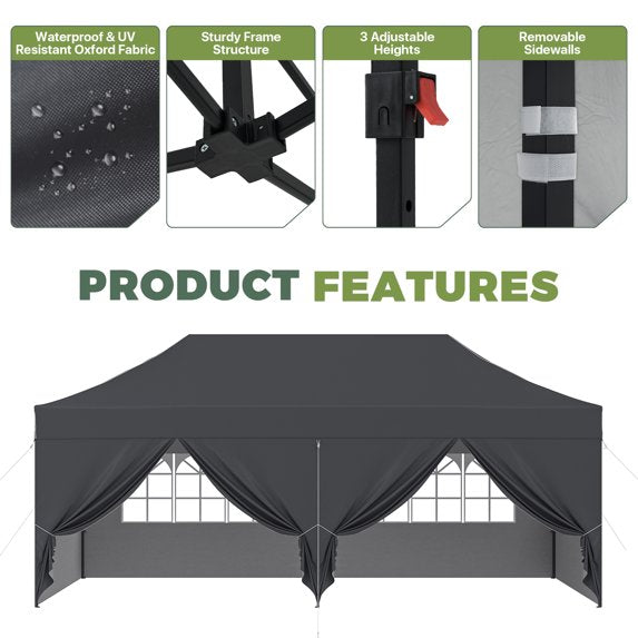 Clouddwell 10'x20' Pop Up Canopy Tent with 6 Removable Sidewalls, Adjustable Height Instant Outdoor Canopy, Portable Sun Shade Shelter with 4 Sandbags, Easy Setup for Parties, Camping, Events, Gray