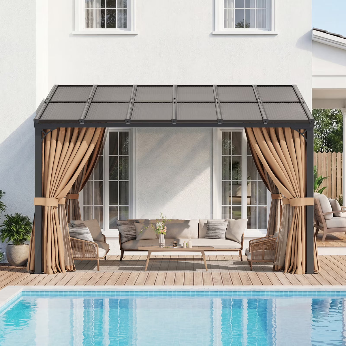 Aoxun 10'x12' Lean to Gazebo with Mosquito Net and Curtains, Aluminum Frame, Polycarbonate Panel, Wall Mounted Pergola with Sloped Roof for Backyard, Porch, Deck