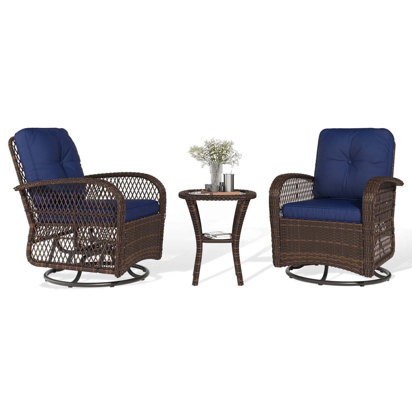 Clouddwell 3 Piece Patio Furniture Set Wicker Rattan Patio Conversation Set Outdoor Sectional Sofa Set with Coffee Table and Blue Cushions