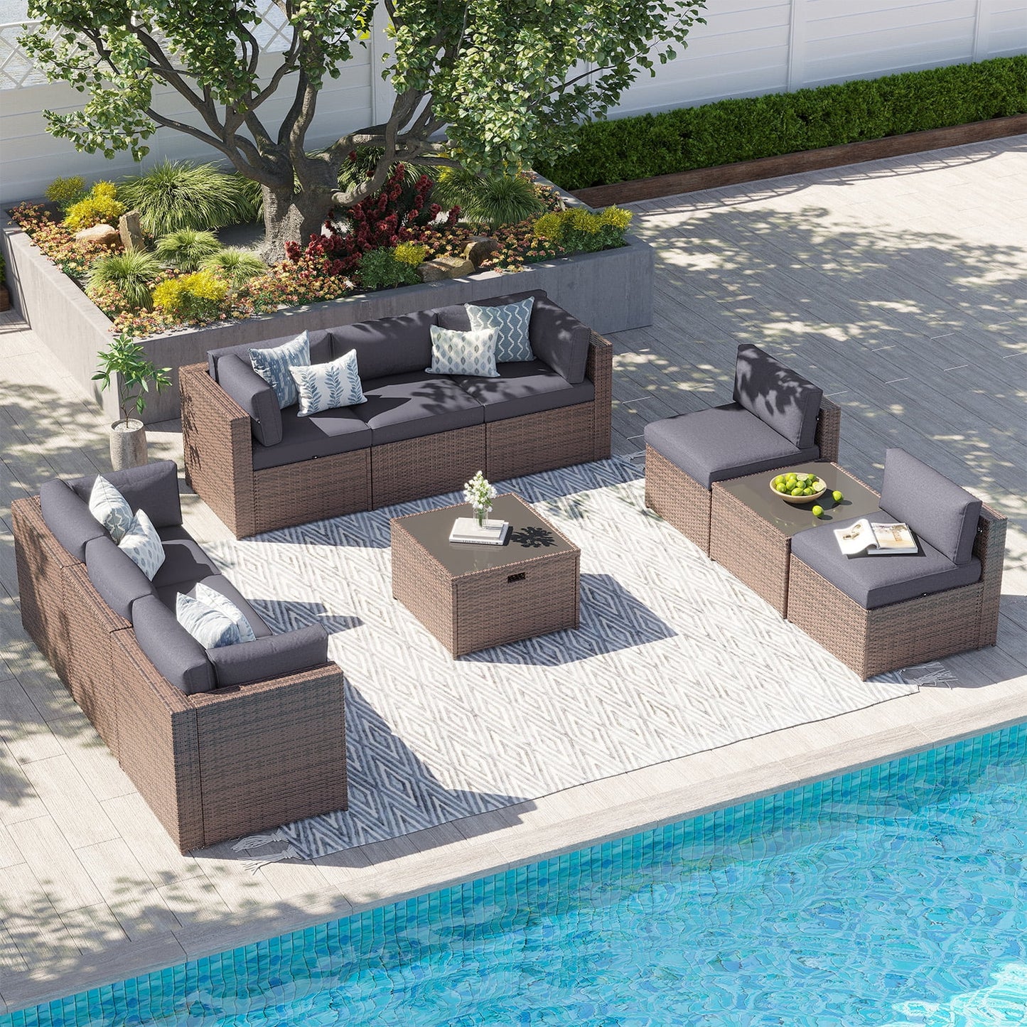 Clouddwell 10 Piece Patio Furniture Set Wicker Rattan Patio Conversation Set Outdoor Sectional Sofa Set with Coffee Table and Gray Cushions(Waterproof Cover Included)