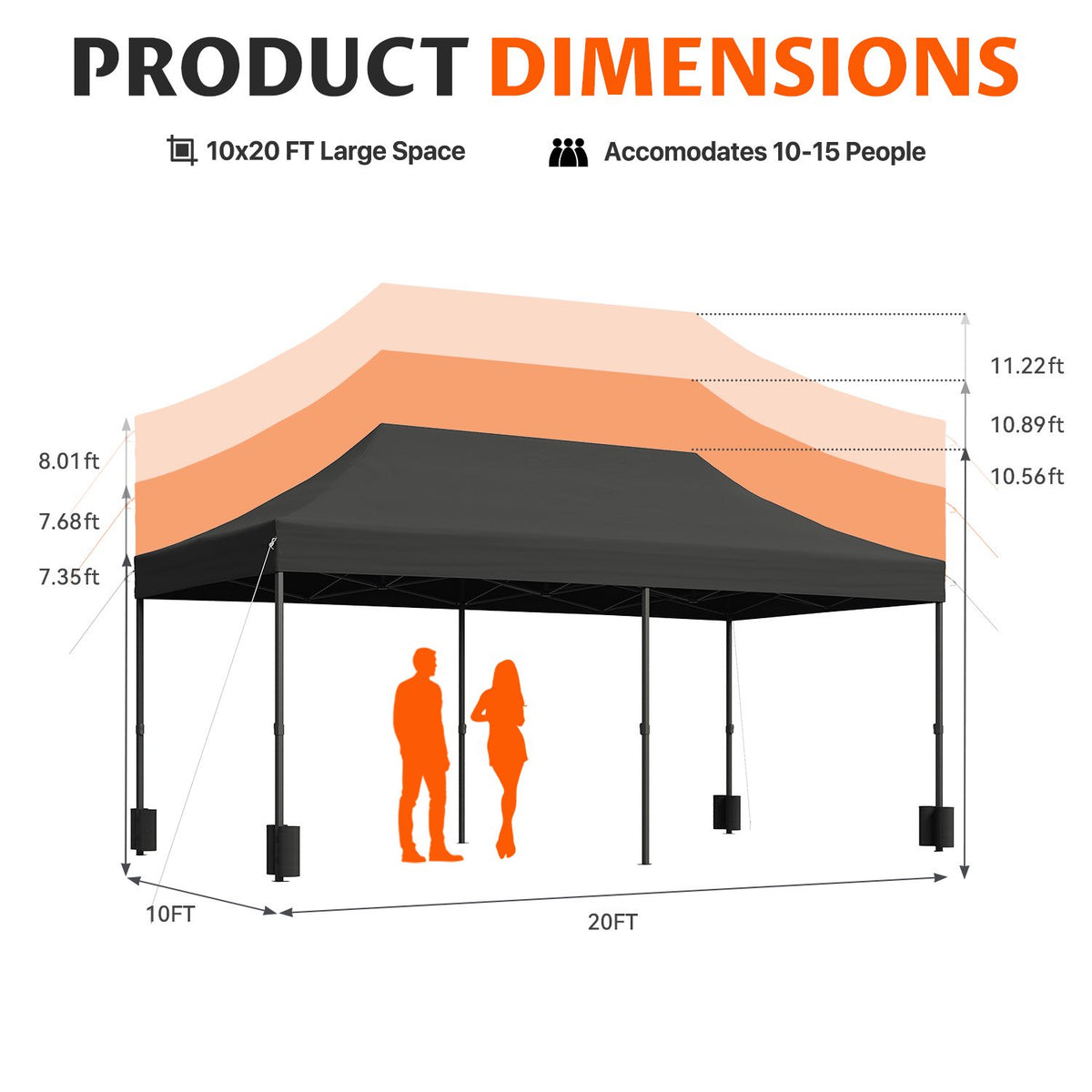 Dateyes 10x20FT Heavy Duty Pop Up Canopy Tent, Waterproof All Season Instant Tent for Outdoor Weddings & Party, Portable Event Tent with Roller Bag, Black