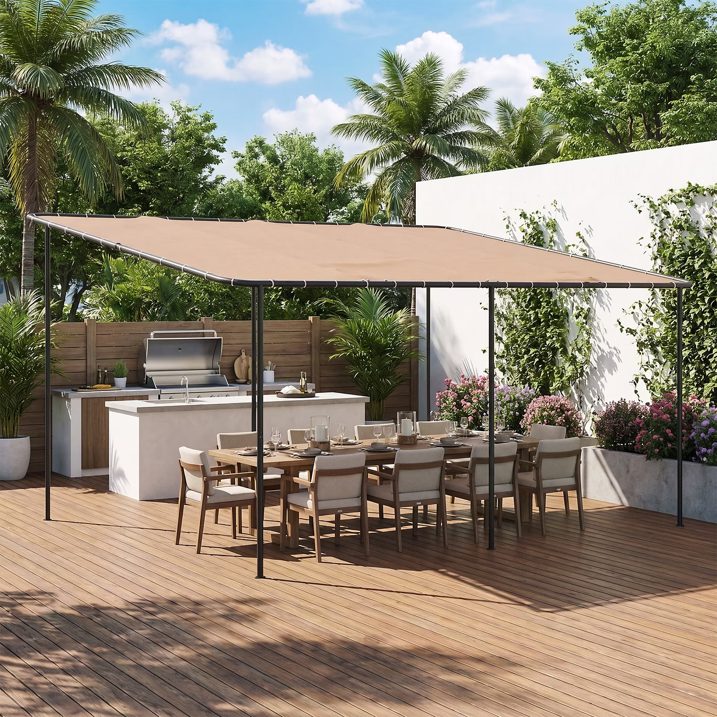 Clouddwell 12×16 FT Wall-Mounted Sloped Roof Outdoor Pergola Canopy, Water-Resistant & UV-Resistant Metal Patio Gazebo for Backyard Garden Porch in Khaki