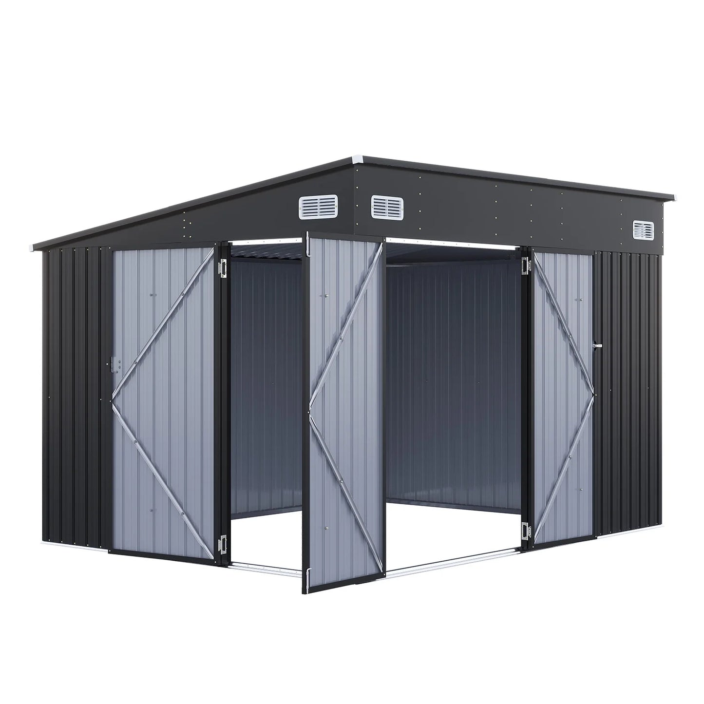 Sunmthink 10' x 8' Metal Storage Shed with Triple Doors, Lockable Lean-to Design & Vents, Black