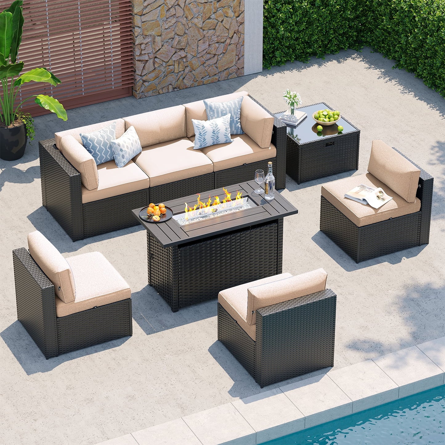 Clouddwell 8-Piece Patio Furniture Set With Fire Table On Sale, Black Rattan Wicker Outdoor Sectional Sofa Couch with Table Patio Conversation Set for Lawn& Backyard,Beige