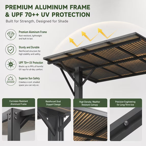 Dateyes 10'x8' Freestanding Hardtop Gazebo Pergola Heavy Duty Patio Carport with Multi Wall Polycarbonate Roof, Wall Mounted Awning for Decks, Weatherproof & Low Maintenance