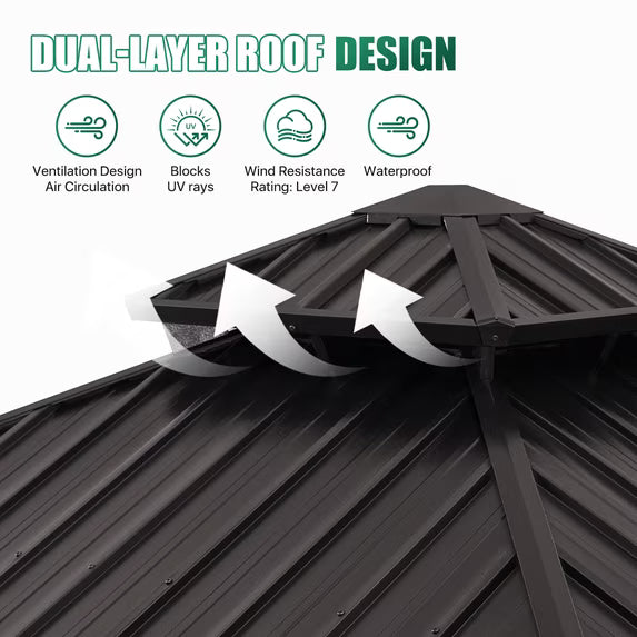 Clouddwell 12' x 12' Gazebo for Patio, Gazebo Pergola with Sloped Roof, Large Wall-Mounted Heavy Duty Awnings, for Deck, Patio and Backyard,Brown