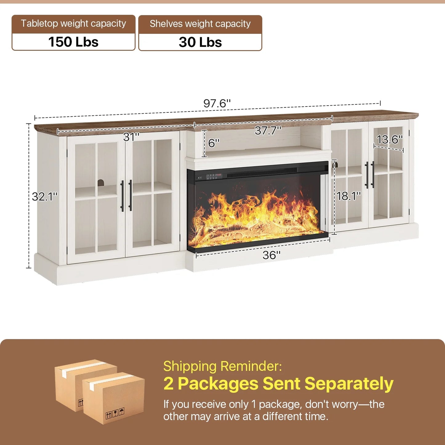 Sonegra 98" Farmhouse TV Stand with Fireplace for TVs up to 100", Media Entertainment Center with Adjustable Shelves and Large Storage Cabinets, for Living Room, White