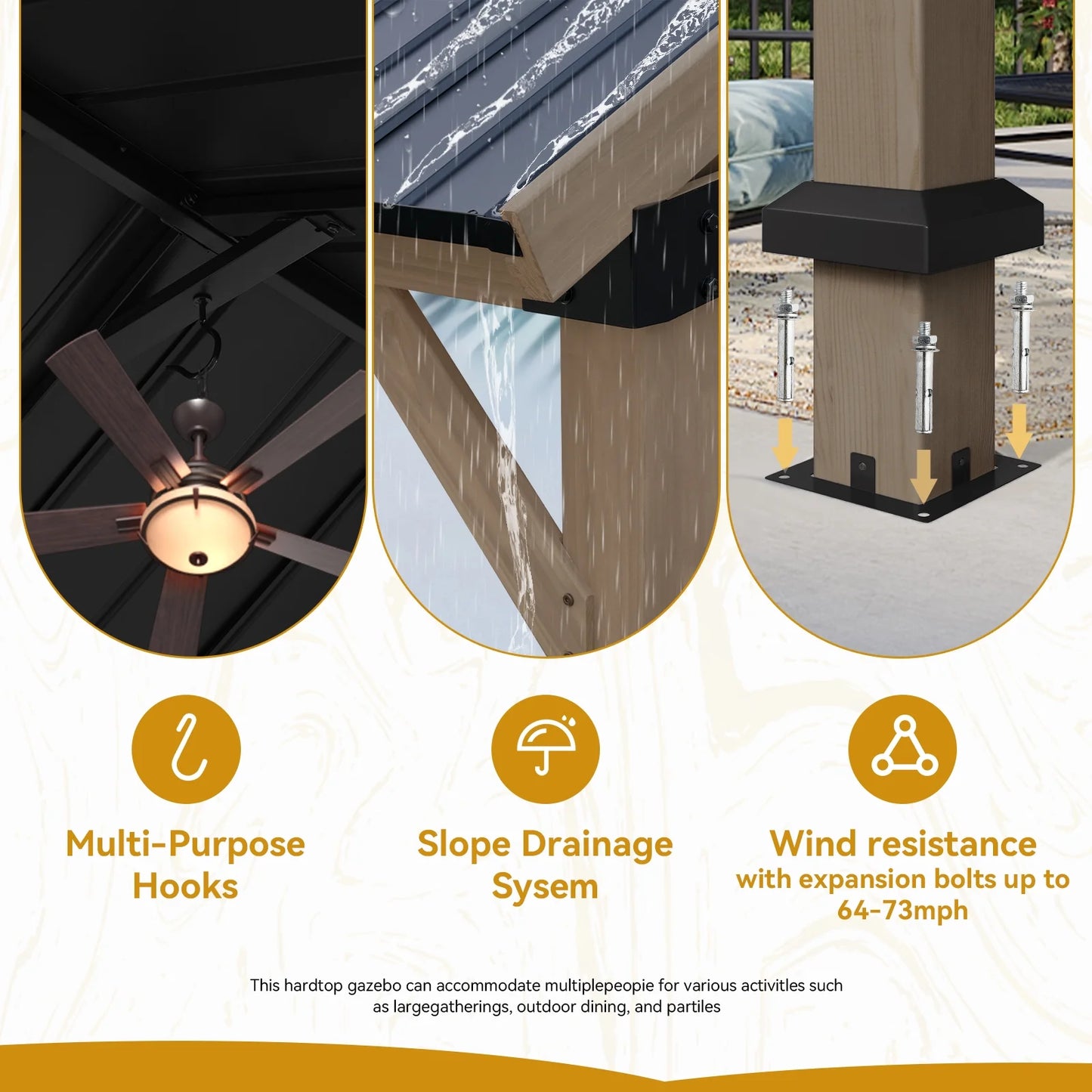 Sunmthink 12' x 16' Outdoor Wood Frame Gazebo, Hardtop Gazebo with Galvanized Steel, Permanent Wooden Pavilion for Patio Backyard Lawn Garden