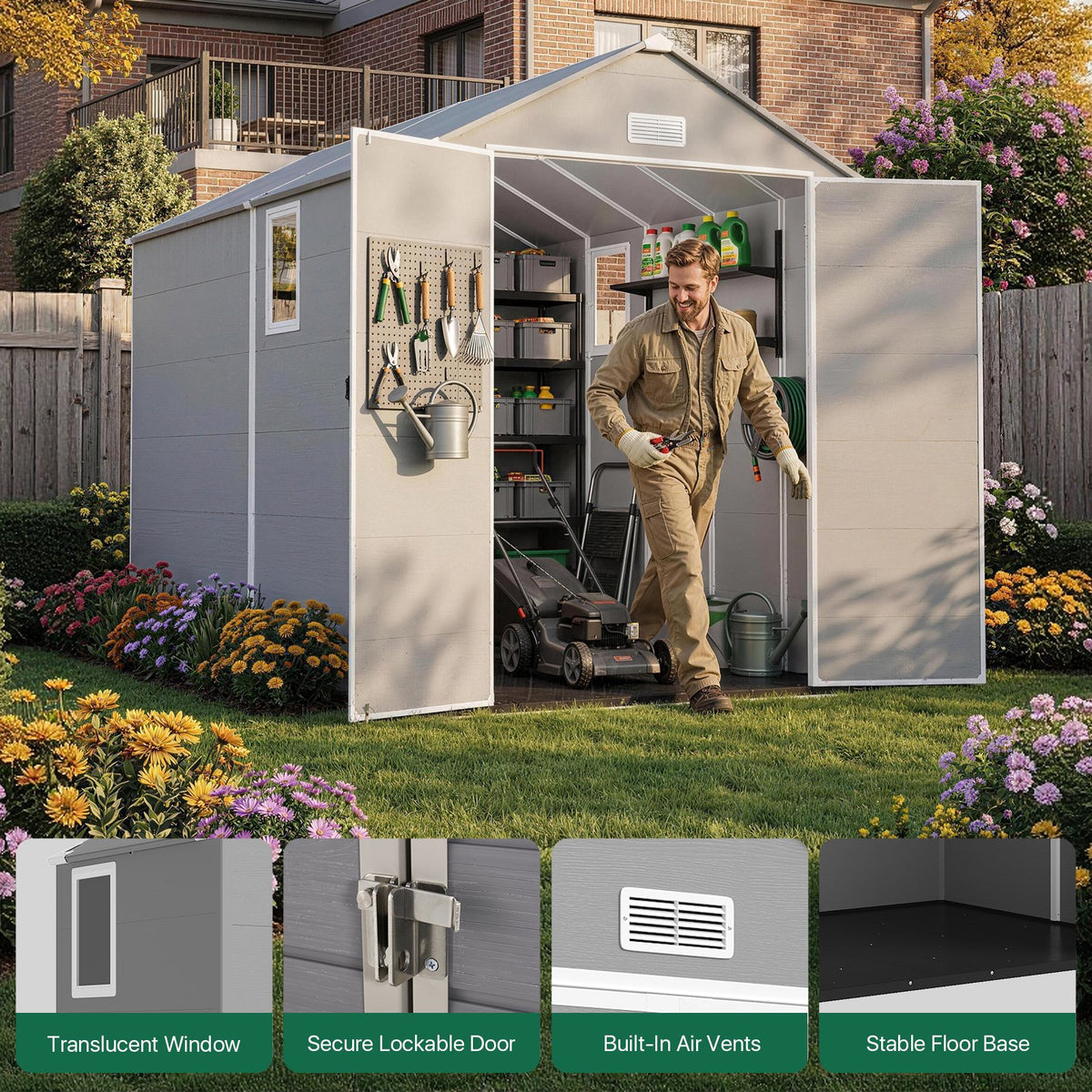 Dateyes 6 x 10 FT Resin Outdoor Storage Shed, Outdoor Sheds with Floor & Window, All-Weather Heavy Duty Plastic Shed for Backyard, Garden, Patio, Light Gray