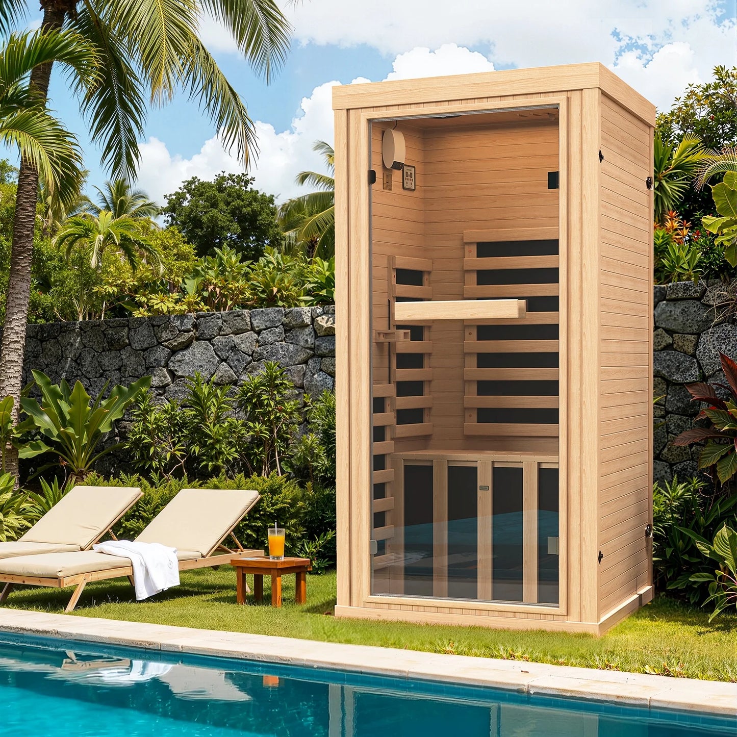 Sunmthink Full Spectrum Infrared Sauna ， 1-Person Home Sauna 1260W Hemlock Wood Spa with Resonance Speaker & Tempered Glass