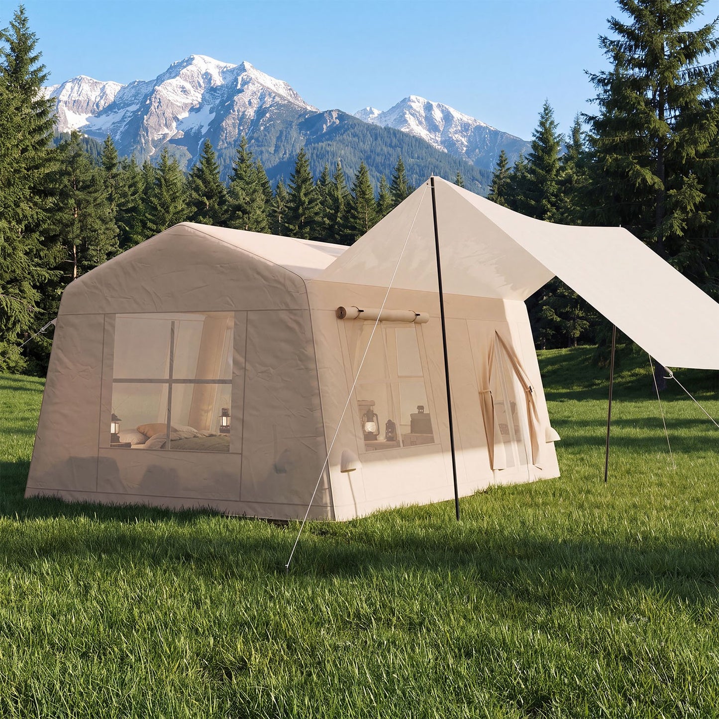 Clouddwell 8-10 Person Inflatable Camping Tent, Blow Up Family Glamping Tent with Skylight & Stove Jack, Waterproof 420D Oxford Air Tent with Hand Pump for Camping, Hiking & All-Season Use