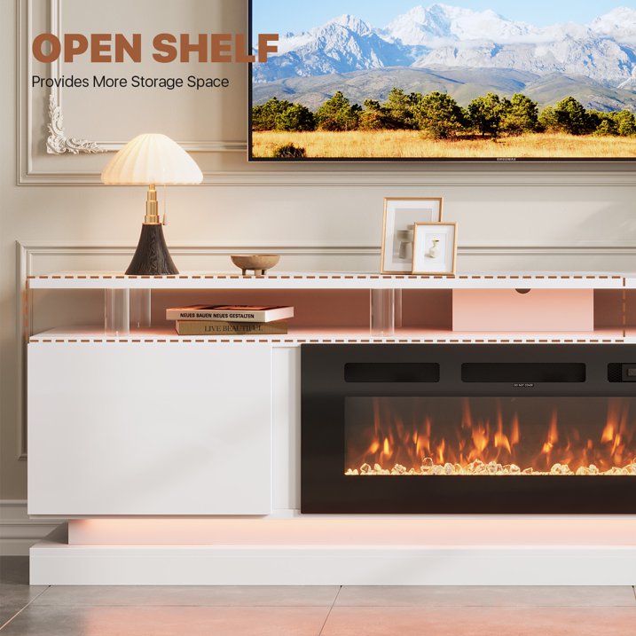 Sonegra Fireplace TV Stand with Electric Fireplace up to 90", Entertainment Center with Fireplace, LED 80" Modern TV Console with Storage for Livingroom, White