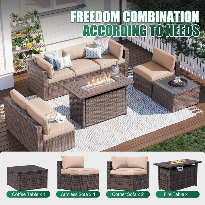 Clouddwell 8 Piece Patio Furniture Set with 44” Fire Pit Table Wicker Rattan Patio Conversation Set Outdoor Sectional Sofa Set with Coffee Table and Blue Cushions(Waterproof Cover Included)