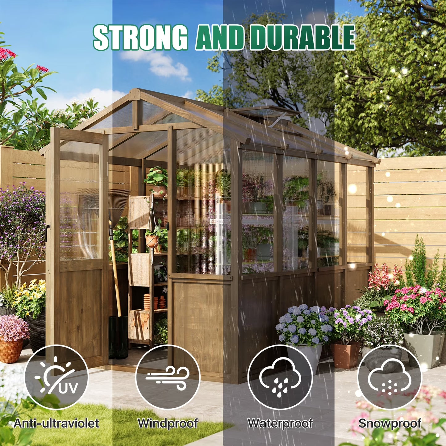 Clouddwell 6x8 FT Wooden Greenhouse, Polycarbonate Panels with Automatic Roof Vent & Lockable Door, Outdoor Walk-in Garden Greenhouse, Gray