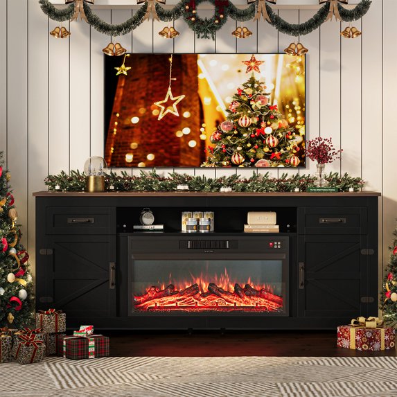 Sonegra 80" Fireplace TV Stand, Entertainment Center for TVs Up to 90”, TV Console with Storage Cabinets, Media Console for Living Room, White TV Stand and Black Fireplace, Black
