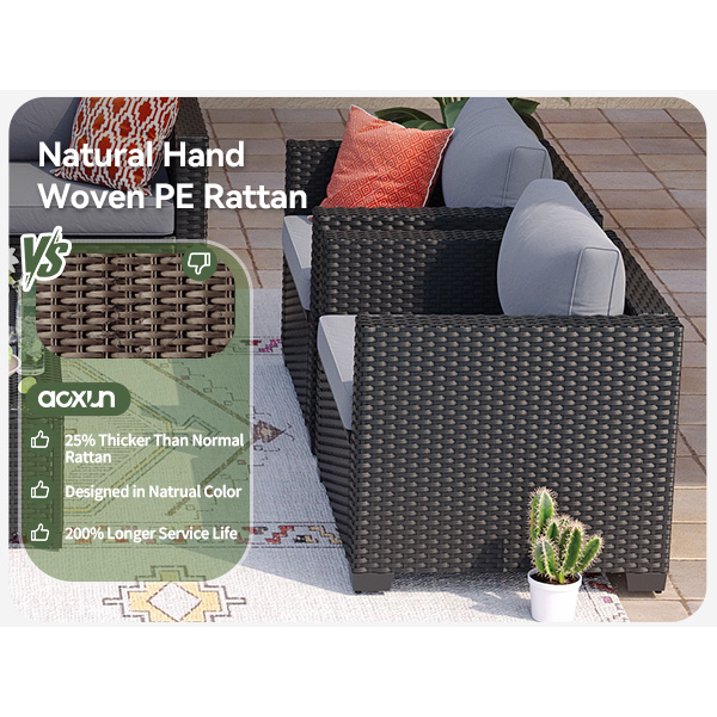 6 Piece Outdoor Wicker Patio Furniture Set, Rattan Sectional Sofa Sets with Grey Cushions