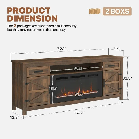 Sonegra Fireplace TV Stand with Barn Door for TVs up to 80", Farmhouse 70" Fireplace Entertainment Center, TV Console with Storage Cabinets for Living Room, Brown