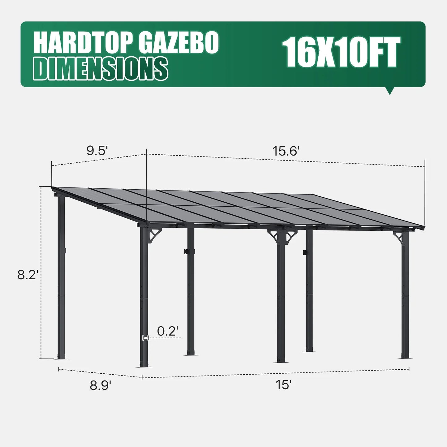Clouddwell 16'x 10' Wall-Mounted Gazebo Pergola with Aluminum Top Frame & Polycarbonate Panel, Large Heavy-Duty Awnings for Backyard Black