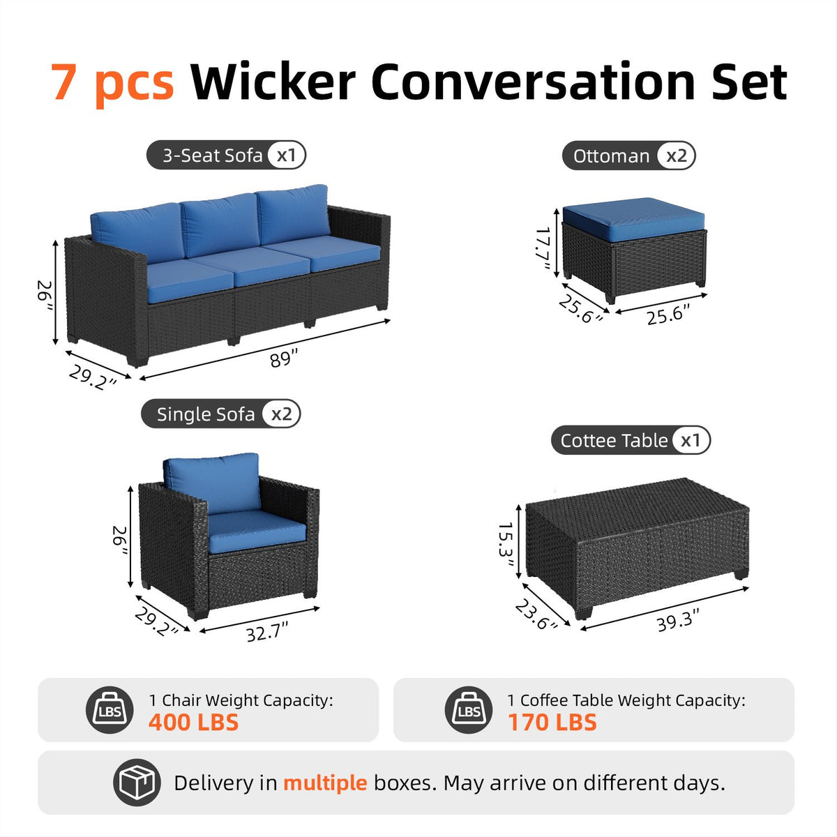 Dateyes 7 Seats Patio Furniture Set, Rattan Wicker Outdoor Conversation Sectional Sofa Set with Storage Coffee Table and Waterproof Cover,Blue