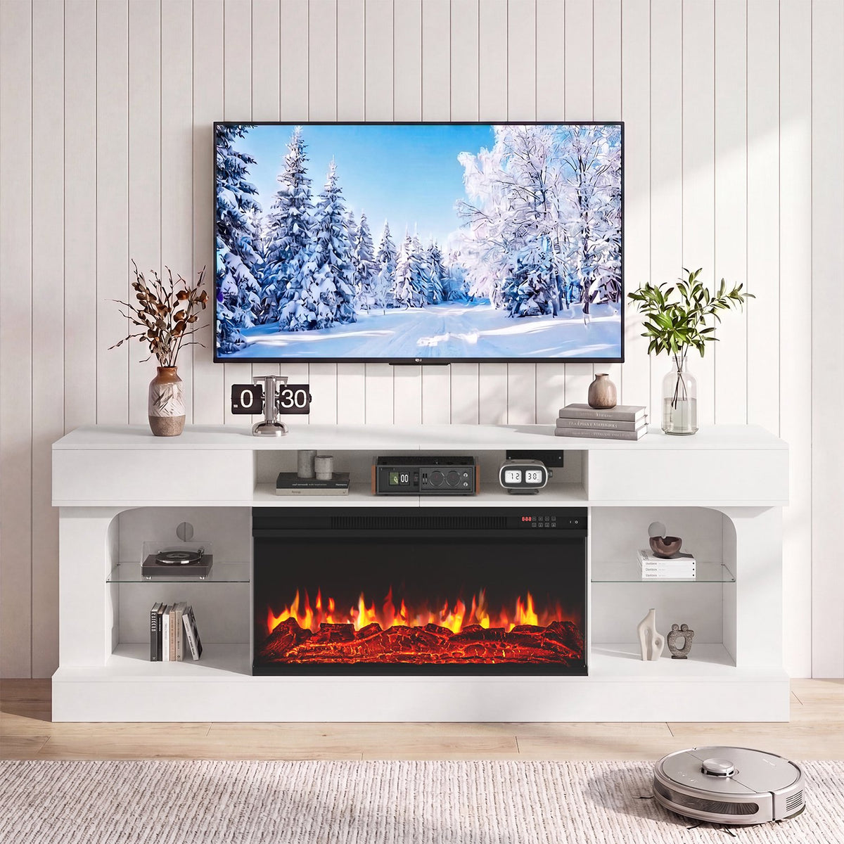 Sonegra 80 Inch Fireplace TV Stand, 3‑Sided Glass Electric Fireplace Media Console Fits Up to 90" TV, Entertainment Center with Shelves & Spacious Storage, LED Flame TV Cabinet for Living Room, White