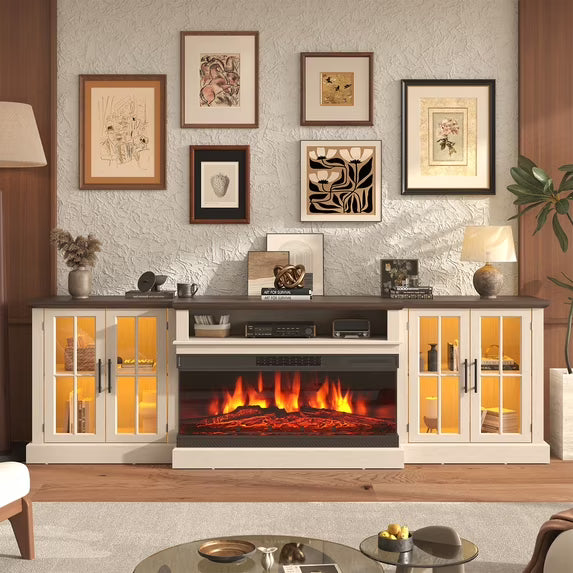 Sonegra 87" Farmhouse TV Stand with Fireplace for TVs up to 90", Media Entertainment Center with Adjustable Shelves and Large Storage Cabinets, for Living Room, White