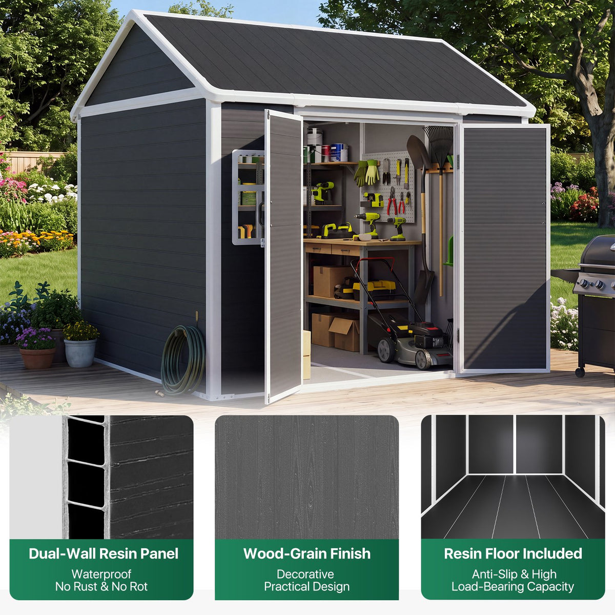 Dateyes 8 x 6 FT Resin Storage Shed, Outdoor Shed with Floor & Window, All-Weather Heavy Duty Plastic Shed for Backyard, Garden, Patio, Black