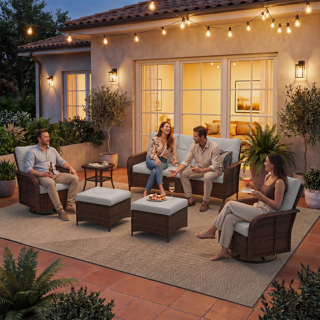 Dateyes 6-Piece Patio Furniture Set, High Back Swivel Rocker Chairs with Thick Cushions, Wicker Rattan Outdoor Sectional Sofa with Ottoman, Gray